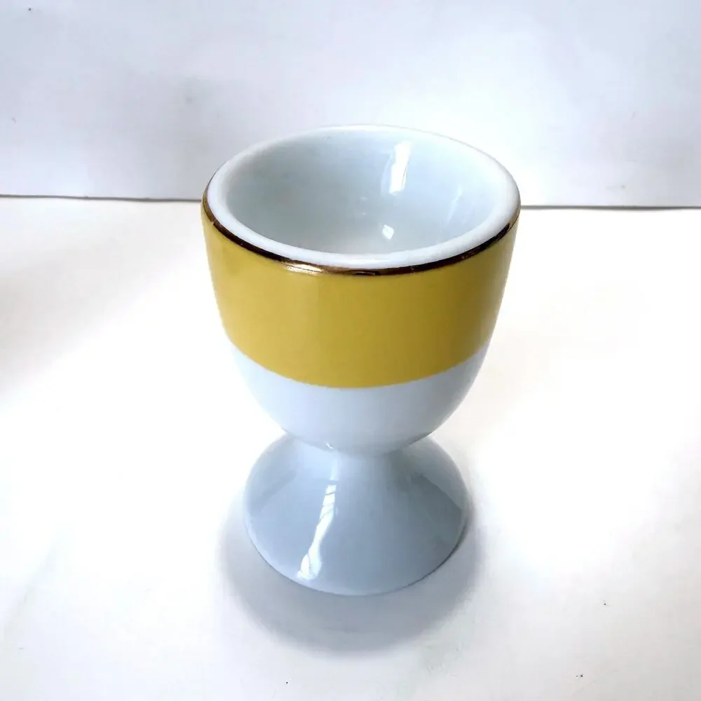 Pottery Barn Egg Cup Set 4 Gold Trim Color Block Porcelain